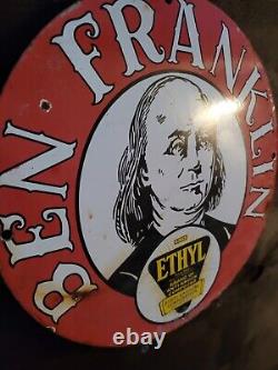 Vintage Ben Franklin Ethyl Gasoline Porcelain Sign Old Gas Pump Plate Fuel Brand